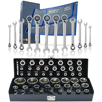 HASKYY Conjunto de ferramentas em polegadas conjunto de copos 24 peças 5/32"-1,1/4" e chaves de catraca 12 peças 1/4"-15/16" com ângulo de trabalho de 15° – SAE/Inch para veículos EUA HASKYY Conjunto de ferramentas em polegadas conjunto de copos 24 peças 5/32"-1,1/4" e chaves de catraca 12 peças 1/4"-15/16" com ângulo de trabalho de 15° – SAE/Inch para veículos EUA