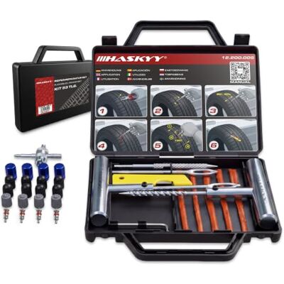 HASKYY Kit de reparação de pneus, 53 peças tudo em um para carro, moto, ATV, SUV bandas de borracha, ferramenta para válvulas, cabo em T e cortador HASKYY Kit de reparação de pneus, 53 peças tudo em um para carro, moto, ATV, SUV bandas de borracha, ferramenta para válvulas, cabo em T e cortador