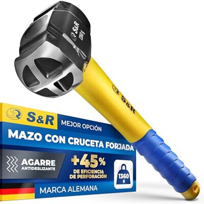 S&R Martelo de Pedreiro 1,3 kg – Martelo de Demolição e Forja com Cabeça em Cruz de aço C50 endurecido 38-48 HRC. Pega ergonómica antiderrapante de fibra de vidro S&R Martelo de Pedreiro 1,3 kg – Martelo de Demolição e Forja com Cabeça em Cruz de aço C50 endurecido 38-48 HRC. Pega ergonómica antiderrapante de fibra de vidro