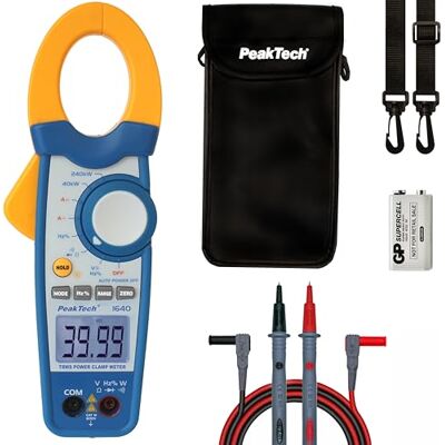 PeakTech , Pinça amperimétrica True RMS 1000A AC DC e multímetro digital 4000 contagens com verificador de continuidade, CAT III 600V, 1 peça, P 1640, azul, amarelo, branco PeakTech , Pinça amperimétrica True RMS 1000A AC DC e multímetro digital 4000 contagens com verificador de continuidade, CAT III 600V, 1 peça, P 1640, azul, amarelo, branco