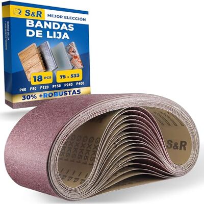 S&R Faixas de lixa abrasivas para lixar 75 x 533 mm. Conjunto de 18 bandas para polir metal madeira pintura: 3 cada grão P60, P80, P120, P150, P240, P400 S&R Faixas de lixa abrasivas para lixar 75 x 533 mm. Conjunto de 18 bandas para polir metal madeira pintura: 3 cada grão P60, P80, P120, P150, P240, P400