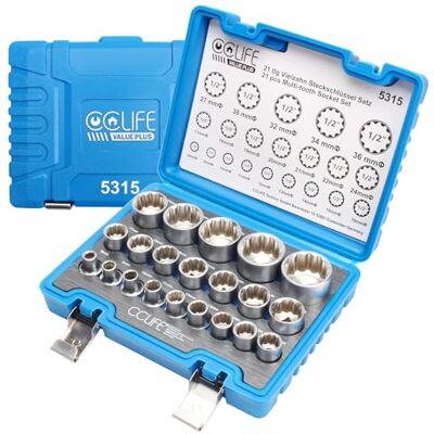 CCLIFE 21 peças Conjunto de Chaves de Caixa Multidentes 1/2" Copos de 12 Lados, Conjunto de Copos, 8-36mm, Cr-V CCLIFE 21 peças Conjunto de Chaves de Caixa Multidentes 1/2" Copos de 12 Lados, Conjunto de Copos, 8-36mm, Cr-V