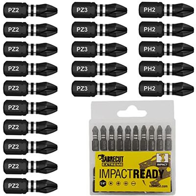 SabreCut 20 peças 25 mm PH2 PZ2 PZ3 pontas impacto longa vida SabreCut 20 peças 25 mm PH2 PZ2 PZ3 pontas impacto longa vida