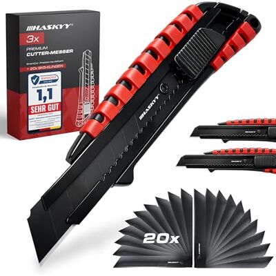 HASKYY Faca Cutter Universal conjunto profissional de 3 peças incl. 20 lâminas de aço carbono SK5 de 18 mm, cabo ergonómico antiderrapante, quebra-lâminas HASKYY Faca Cutter Universal conjunto profissional de 3 peças incl. 20 lâminas de aço carbono SK5 de 18 mm, cabo ergonómico antiderrapante, quebra-lâminas