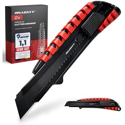 HASKYY Corte universal profissional, conjunto de 2 facas cuter com lâmina de 18 mm extra afiada SK5, corpo ergonomicamente projetado com ranhuras de borracha e troca segura de lâmina HASKYY Corte universal profissional, conjunto de 2 facas cuter com lâmina de 18 mm extra afiada SK5, corpo ergonomicamente projetado com ranhuras de borracha e troca segura de lâmina