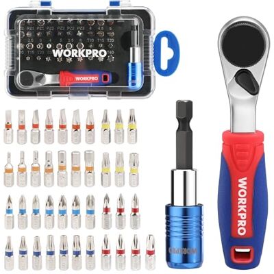 WORKPRO Conjunto de Pontas de Chave de Fenda 43-peças, Mini Chave de Fenda de 1/4", Cabo de Trinquete Reverso de 90 Graus com Pontas Torx, Phillips, Chatas, Pozidrive e Hexagonais WORKPRO Conjunto de Pontas de Chave de Fenda 43-peças, Mini Chave de Fenda de 1/4", Cabo de Trinquete Reverso de 90 Graus com Pontas Torx, Phillips, Chatas, Pozidrive e Hexagonais