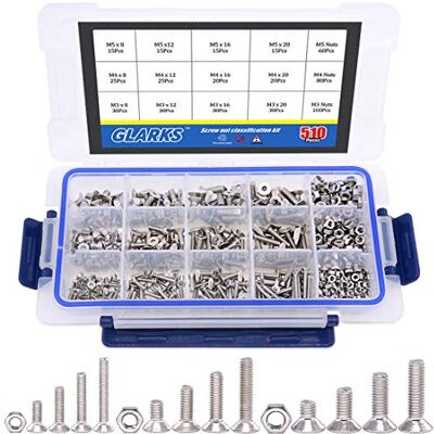 Glarks Conjunto de 510 peças métricas M3 M4 M5 304 de cabeça plana de aço inoxidável escareada, parafusos e porcas, kit variedade de chaves hexagonais Allen Glarks Conjunto de 510 peças métricas M3 M4 M5 304 de cabeça plana de aço inoxidável escareada, parafusos e porcas, kit variedade de chaves hexagonais Allen