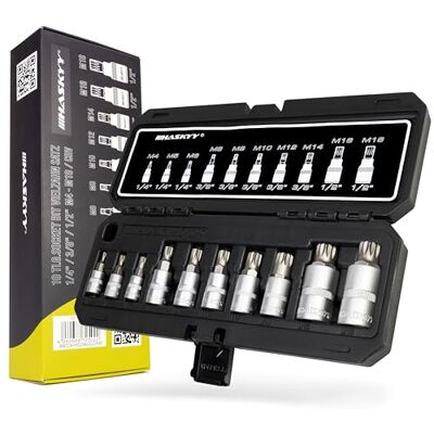 HASKYY Jogo de chaves XZN de dentes múltiplos 1/4" 3/8" 1/2" conjunto de pontas de porcas com orifício frontal de 10 peças M4, M5, M6, M8, M9, M10, M12, M14, M16, M18 HASKYY Jogo de chaves XZN de dentes múltiplos 1/4" 3/8" 1/2" conjunto de pontas de porcas com orifício frontal de 10 peças M4, M5, M6, M8, M9, M10, M12, M14, M16, M18