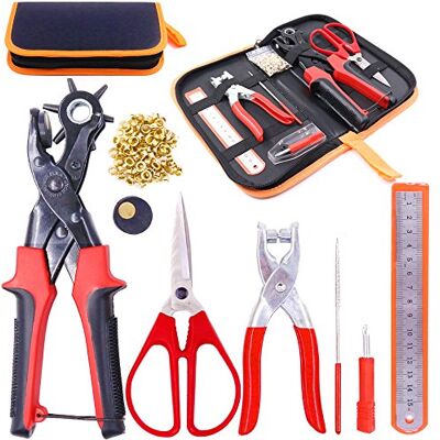 Glarks Alicates perfura-furo de metal ajustáveis resistentes para cinto de couro giratório com alicates de ilhós, kit de ferramentas para cinto, correias de relógio, selim, sapatos, trabalhos manuais Glarks Alicates perfura-furo de metal ajustáveis resistentes para cinto de couro giratório com alicates de ilhós, kit de ferramentas para cinto, correias de relógio, selim, sapatos, trabalhos manuais