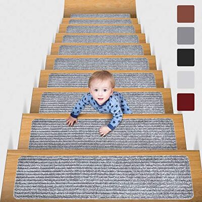 MBIGM Tapetes de escada antiderrapantes, 15 unidades, 20 x 65 cm, cinzento Adesivo reutilizável, superfície têxtil macia e camada acolchoada, para degraus interiores, instalação sem ferramentas MBIGM Tapetes de escada antiderrapantes, 15 unidades, 20 x 65 cm, cinzento Adesivo reutilizável, superfície têxtil macia e camada acolchoada, para degraus interiores, instalação sem ferramentas