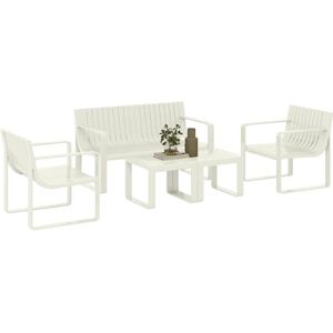 Outsunny Conjunto de jardim exterior 5 peças móveis jardim exterior com 2 poltronas 1 sofá de 2 lugares e 2 mesas de centro design de lamas impermeável anti-UV branco Outsunny Conjunto de jardim exterior 5 peças móveis jardim exterior com 2 poltronas 1 sofá de 2 lugares e 2 mesas de centro design de lamas impermeável anti-UV branco