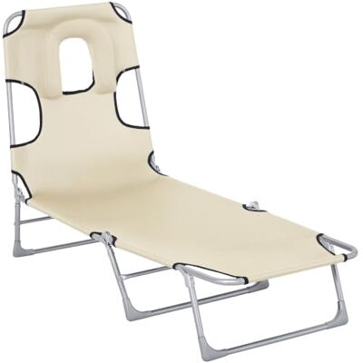 Outsunny Espreguiçadeira dobrável reclinável de jardim, 182 x 56 x 28 cm com orifício de leitura, encosto de cabeça, encosto ajustável em 5 níveis, para praia Outsunny Espreguiçadeira dobrável reclinável de jardim, 182 x 56 x 28 cm com orifício de leitura, encosto de cabeça, encosto ajustável em 5 níveis, para praia
