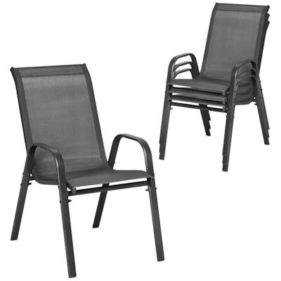 WOLTU Cadeiras de jardim, conjunto de 4 poltronas empilháveis para exteriores, encosto respirável, cadeiras para terraço, pátio, varanda, estrutura de metal, cinzento escuro WOLTU Cadeiras de jardim, conjunto de 4 poltronas empilháveis para exteriores, encosto respirável, cadeiras para terraço, pátio, varanda, estrutura de metal, cinzento escuro