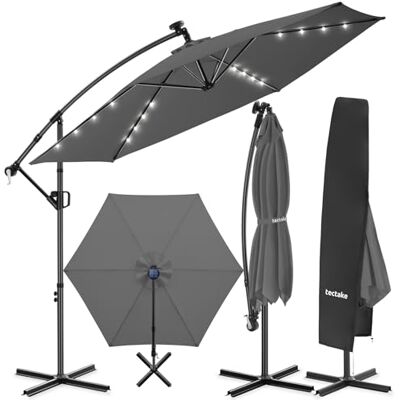 tectake ® Guarda-sol com terraço exterior com iluminação solar LED, para-sol, terraço exterior e jardim, guarda-chuvas, jardim grandes rotativo, 360°, teto duplo, manivela, inclinável, 3 x 3 m tectake ® Guarda-sol com terraço exterior com iluminação solar LED, para-sol, terraço exterior e jardim, guarda-chuvas, jardim grandes rotativo, 360°, teto duplo, manivela, inclinável, 3 x 3 m