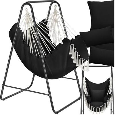tectake Cadeira suspensa boho estrutura de aço, borlas decorativas, almofadas grossas, bolso lateral, interior e exterior, rede de poltrona suspensa para jardim, terraço, sala de estar, quarto preto tectake Cadeira suspensa boho estrutura de aço, borlas decorativas, almofadas grossas, bolso lateral, interior e exterior, rede de poltrona suspensa para jardim, terraço, sala de estar, quarto preto