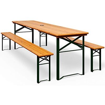 CASARIA Conjunto de mesa e 2 bancos dobráveis de madeira 170 cm, guarda-chuva de orifício, 8 pessoas, resistente a intempéries, fácil montagem, armação de aço, estável, terraço CASARIA Conjunto de mesa e 2 bancos dobráveis de madeira 170 cm, guarda-chuva de orifício, 8 pessoas, resistente a intempéries, fácil montagem, armação de aço, estável, terraço