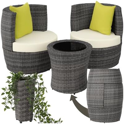 tectake ® Conjunto de jardim exterior de vime e alumínio, móveis de jardim exterior resistente à Intempérie, 2 cadeiras com almofadas, mesa de vidro, compacto, alças em apoio compacto cinzento tectake ® Conjunto de jardim exterior de vime e alumínio, móveis de jardim exterior resistente à Intempérie, 2 cadeiras com almofadas, mesa de vidro, compacto, alças em apoio compacto cinzento