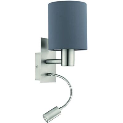 Eglo Candeeiro de parede Paster, iluminação têxtil para quarto com luz LED de leitura, montagem na parede de metal prateado e tecido cinzento, casquilho E27 Eglo Candeeiro de parede Paster, iluminação têxtil para quarto com luz LED de leitura, montagem na parede de metal prateado e tecido cinzento, casquilho E27
