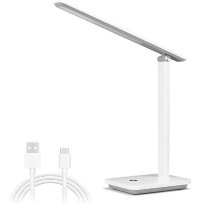 Aigostar Candeeiro de secretária LED, candeeiro LED de secretária dobrável com cabo, porta USB e tipo C, 3 modos e 4 níveis de brilho, função de memória, flexível ajustável, controlo tátil, branco-cinzento Aigostar Candeeiro de secretária LED, candeeiro LED de secretária dobrável com cabo, porta USB e tipo C, 3 modos e 4 níveis de brilho, função de memória, flexível ajustável, controlo tátil, branco-cinzento