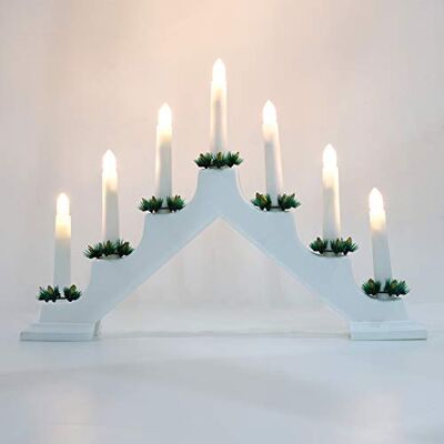 Lewondr Luzes de ponte de vela de Natal, candeeiro vela candelabro de mesa decorativo de plástico com 7 lâmpadas a pilhas, ornamento natalício iluminado para sala de jantar sala de estar festa Lewondr Luzes de ponte de vela de Natal, candeeiro vela candelabro de mesa decorativo de plástico com 7 lâmpadas a pilhas, ornamento natalício iluminado para sala de jantar sala de estar festa