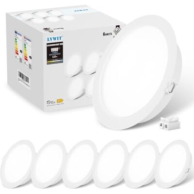 LVWIT × 6 LED embutível no teto, candeeiro de teto circular ultra plano de 18 W, foco neutro branco frio 6500 K, ideal para casas de banho, cozinhas e corredores, 1980 lúmens, Ø 173 mm, não regulável. LVWIT × 6 LED embutível no teto, candeeiro de teto circular ultra plano de 18 W, foco neutro branco frio 6500 K, ideal para casas de banho, cozinhas e corredores, 1980 lúmens, Ø 173 mm, não regulável.