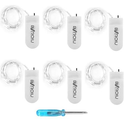 BXROIU Corrente de luzes com pilhas CR2032 em 2M/7Pés 20 LEDs Fio Prateado Guirlanda de Luzes para Decoração Interior, Casamento, Festa de Natal (Branco frio, 6 Peças) BXROIU Corrente de luzes com pilhas CR2032 em 2M/7Pés 20 LEDs Fio Prateado Guirlanda de Luzes para Decoração Interior, Casamento, Festa de Natal (Branco frio, 6 Peças)