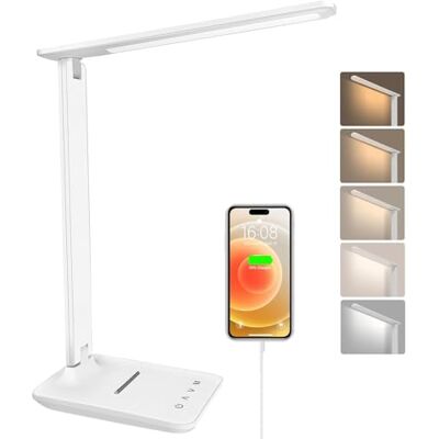 joyshie Candeeiro de secretária LED, flexo de secretária com luz noturna, candeeiro de secretária com controlo tátil, porta de carregamento USB, 5 níveis de luminosidade, 5 modos (branco) joyshie Candeeiro de secretária LED, flexo de secretária com luz noturna, candeeiro de secretária com controlo tátil, porta de carregamento USB, 5 níveis de luminosidade, 5 modos (branco)