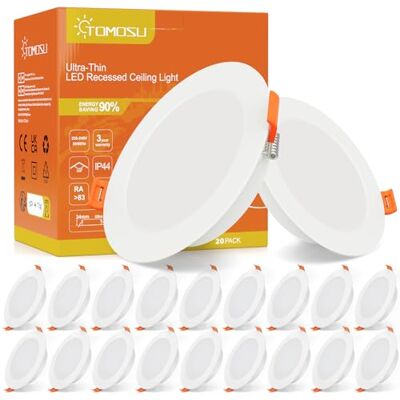 Tomosu Downlight LED Teto Encastrável Extraplano Redondo, 7W 700LM, Luz Quente(3000K) IP44, Corte 95-105mm, Foco Encastrável LED Teto Olho de Boi, 20 Pack Tomosu Downlight LED Teto Encastrável Extraplano Redondo, 7W 700LM, Luz Quente(3000K) IP44, Corte 95-105mm, Foco Encastrável LED Teto Olho de Boi, 20 Pack