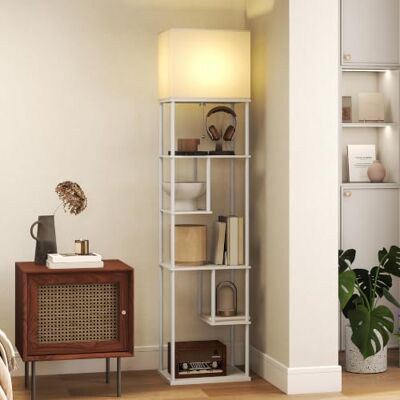 HOMCOM Candeeiro de pé com prateleiras de brilho ajustável temporizador Candeeiro de sala de estar, temperaturas de cor ajustáveis 3000 K-6500K, controlo remoto, 5 modos, lâmpada de 9 W incluída HOMCOM Candeeiro de pé com prateleiras de brilho ajustável temporizador Candeeiro de sala de estar, temperaturas de cor ajustáveis 3000 K-6500K, controlo remoto, 5 modos, lâmpada de 9 W incluída