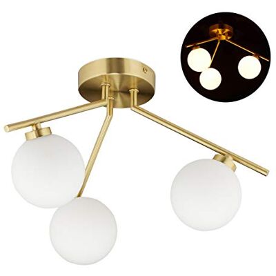 Relaxdays Candeeiro de teto GLOBI, três focos, G9, esferas de vidro opalino, 24,5 x 36 cm, dourado Relaxdays Candeeiro de teto GLOBI, três focos, G9, esferas de vidro opalino, 24,5 x 36 cm, dourado