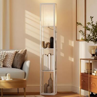 HOMCOM Lámpara de Pie con Estantes de Almacenaje Bombilla E27 Blanco Candeeiro de madeira moderno, para sala de estar, quarto, escritório HOMCOM Lámpara de Pie con Estantes de Almacenaje Bombilla E27 Blanco Candeeiro de madeira moderno, para sala de estar, quarto, escritório