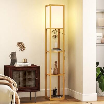 HOMCOM Candeeiro de pé com prateleiras de armazenamento lâmpada E27 natural Candeeiro de madeira moderno, para sala de estar, quarto, escritório HOMCOM Candeeiro de pé com prateleiras de armazenamento lâmpada E27 natural Candeeiro de madeira moderno, para sala de estar, quarto, escritório