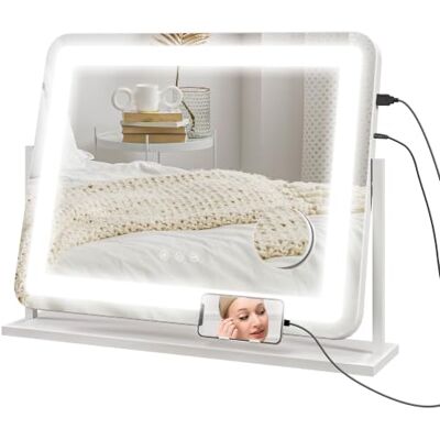 HOMCOM Espelho maquilhagem com luz giratória porta USB 58 x 46 cm branco 3 modos de iluminação ajustáveis, interruptor tátil, espelho de aumento HOMCOM Espelho maquilhagem com luz giratória porta USB 58 x 46 cm branco 3 modos de iluminação ajustáveis, interruptor tátil, espelho de aumento