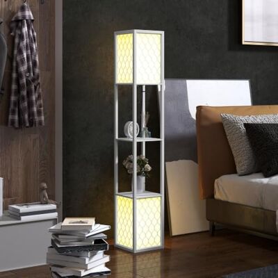 HOMCOM Candeeiro de pé moderno com prateleiras casquilho E27 40 W branco Candeeiro de pé para sala de estar, telas de tecido de malha, interruptor de corrente, para quarto escritório sala de estar HOMCOM Candeeiro de pé moderno com prateleiras casquilho E27 40 W branco Candeeiro de pé para sala de estar, telas de tecido de malha, interruptor de corrente, para quarto escritório sala de estar