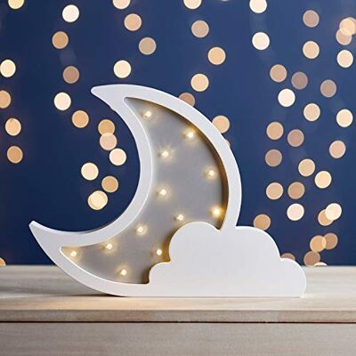 Lights4fun Candeeiro de mesa de madeira em forma de lua e nuvem com 12 LED branco quente a pilhas decoração para quartos de crianças Lights4fun Candeeiro de mesa de madeira em forma de lua e nuvem com 12 LED branco quente a pilhas decoração para quartos de crianças