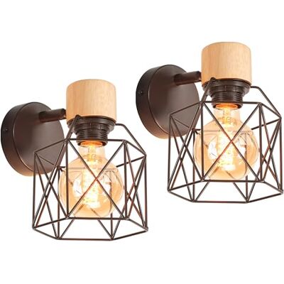 iDEGU 2 peças candeeiros de parede vintage 15 cm aplique parede interior de madeira e metal industrial design de gaiola ajustável iluminação E27 luz de teto para quarto corredor sala café (preto) iDEGU 2 peças candeeiros de parede vintage 15 cm aplique parede interior de madeira e metal industrial design de gaiola ajustável iluminação E27 luz de teto para quarto corredor sala café (preto)