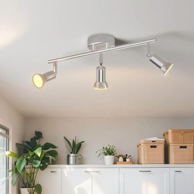 LVWIT Candeeiro LED de teto com 3 focos, GU10, moderno, cromado, orientável, giratório 350°, candeeiro de cozinha, foco de teto, sala de estar, quarto, sem fonte de luz LVWIT Candeeiro LED de teto com 3 focos, GU10, moderno, cromado, orientável, giratório 350°, candeeiro de cozinha, foco de teto, sala de estar, quarto, sem fonte de luz