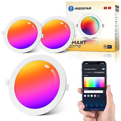Aigostar 15W Downlight LED inteligente para teto embutido, Foco LED Ø175mm x 26,5mm redondo ultrafino, controle por aplicativo WiFi, RGB e branco regulável 2700-6500K, compatível com Alexa e Google, 2 Aigostar 15W Downlight LED inteligente para teto embutido, Foco LED Ø175mm x 26,5mm redondo ultrafino, controle por aplicativo WiFi, RGB e branco regulável 2700-6500K, compatível com Alexa e Google, 2