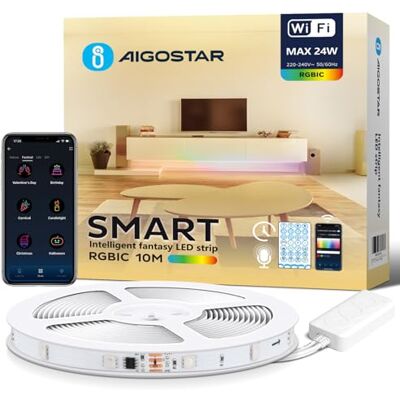 Aigostar Faixa LED Alexa, RGBIC, 10 m (30 LEDs/M), 24 W, luzes LED Alexa com controlo segmentado, sincronização de música e bricolage cores para quarto, festa, bricolagem, decoração de casa, jogos Aigostar Faixa LED Alexa, RGBIC, 10 m (30 LEDs/M), 24 W, luzes LED Alexa com controlo segmentado, sincronização de música e bricolage cores para quarto, festa, bricolagem, decoração de casa, jogos