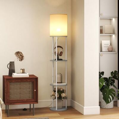 HOMCOM Candeeiro de pé com prateleiras com 3 temperaturas de cor cinzenta Controlo remoto, para quarto, escritório HOMCOM Candeeiro de pé com prateleiras com 3 temperaturas de cor cinzenta Controlo remoto, para quarto, escritório