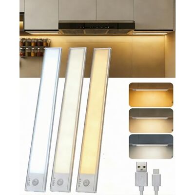 Aigostar Luz LED de armário com sensor de movimento e bateria recarregável, LED para cozinha sob móvel 2200mAh, brilho e cor ajustáveis, com cabo USB C, luz LED adesiva e magnética 30,4cm, 3 peças Aigostar Luz LED de armário com sensor de movimento e bateria recarregável, LED para cozinha sob móvel 2200mAh, brilho e cor ajustáveis, com cabo USB C, luz LED adesiva e magnética 30,4cm, 3 peças