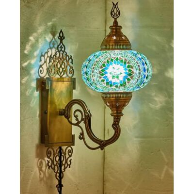 DEMMEX Candeeiro de parede com design de mosaico marroquino turco com cabo de 1,5 m, balão estilo Tiffany feito à mão com mosaicos coloridos e contas cortadas à mão, base de latão decorada, 38 x DEMMEX Candeeiro de parede com design de mosaico marroquino turco com cabo de 1,5 m, balão estilo Tiffany feito à mão com mosaicos coloridos e contas cortadas à mão, base de latão decorada, 38 x