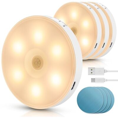 Aigostar 4 Unidades 3000K Luz Noturna Magnética LED com Sensor de Movimento, Luz de Armário Adesiva Recarrregável por USB, 0,5W Luz Noturna para Quarto, Corredor, Cozinha, Escadas, Casa de Banho Aigostar 4 Unidades 3000K Luz Noturna Magnética LED com Sensor de Movimento, Luz de Armário Adesiva Recarrregável por USB, 0,5W Luz Noturna para Quarto, Corredor, Cozinha, Escadas, Casa de Banho