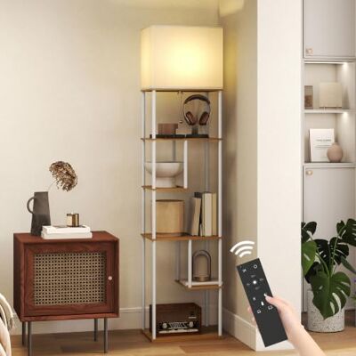 HOMCOM Candeeiro de pé com prateleiras de brilho ajustável temporizador natural Lámpara Salón, Temperaturas de Color Ajustable 3000K-6500K, Control Remoto, 5 Modos, Bombilla 9W Incluida, Portalámparas E27 HOMCOM Candeeiro de pé com prateleiras de brilho ajustável temporizador natural Lámpara Salón, Temperaturas de Color Ajustable 3000K-6500K, Control Remoto, 5 Modos, Bombilla 9W Incluida, Portalámparas E27