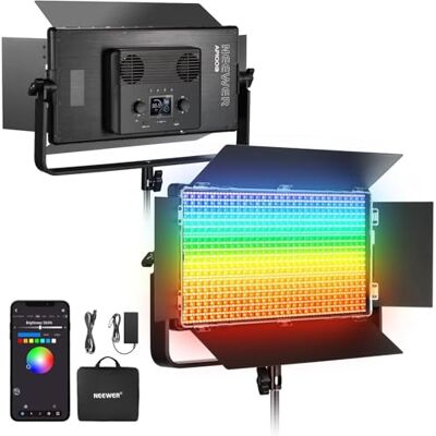 NEEWER 105W RGB LED Painel de Luz para Vídeo Kit com Portas de Celeiro, 1200 LED 31500Lux@0,5m 2500K-10000K CRI96+/TLCI97+ Regulável, App/2,4G/Painel/Controle DMX, Iluminação para Gravação Fotografia NEEWER 105W RGB LED Painel de Luz para Vídeo Kit com Portas de Celeiro, 1200 LED 31500Lux@0,5m 2500K-10000K CRI96+/TLCI97+ Regulável, App/2,4G/Painel/Controle DMX, Iluminação para Gravação Fotografia