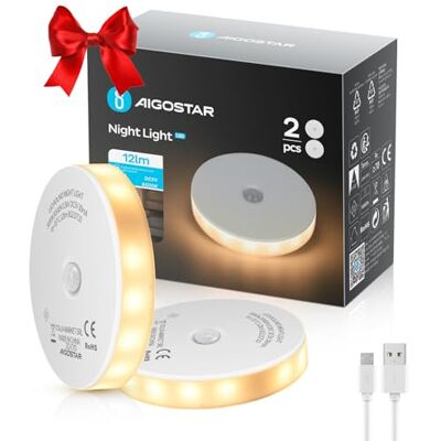 Aigostar 2 peças luz noturna LED com sensor de movimento, luz noturna com 2 temperaturas de cor, luz armário USB recarregável com tira magnética autocolante para quarto, corredor, cozinha, escadas Aigostar 2 peças luz noturna LED com sensor de movimento, luz noturna com 2 temperaturas de cor, luz armário USB recarregável com tira magnética autocolante para quarto, corredor, cozinha, escadas