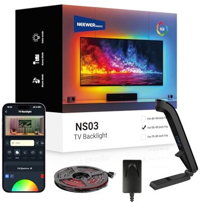 NEEWER Basics NS03 Luz fundo TV ecrã 55-65", faixa LED RGB 3,6 m Alças com sensor, On/Off programável, Sync Color sem atenção, Sync música, 24 efeitos de cena, controlo APP NEEWER Basics NS03 Luz fundo TV ecrã 55-65", faixa LED RGB 3,6 m Alças com sensor, On/Off programável, Sync Color sem atenção, Sync música, 24 efeitos de cena, controlo APP