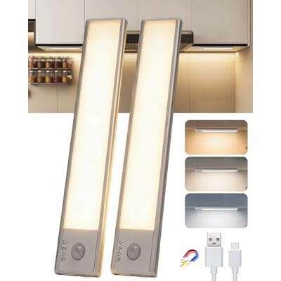 Aigostar 2 Pcs Luz LED armário sensor de movimento, baixo móvel cozinha 20,4 cm, 1100 mAh USB-C recarregável, cor e brilho regulável, autocolante magnético, alumínio, sem fios Aigostar 2 Pcs Luz LED armário sensor de movimento, baixo móvel cozinha 20,4 cm, 1100 mAh USB-C recarregável, cor e brilho regulável, autocolante magnético, alumínio, sem fios