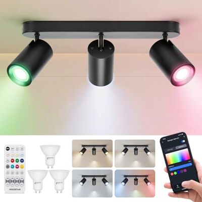 Aigostar Candeeiro de teto inteligente 3 focos GU10, compatível com Alexa Bluetooth Mesh, lâmpada de teto LED regulável cores, aplicações interiores ajustáveis e giratórias para quarto cozinha Aigostar Candeeiro de teto inteligente 3 focos GU10, compatível com Alexa Bluetooth Mesh, lâmpada de teto LED regulável cores, aplicações interiores ajustáveis e giratórias para quarto cozinha
