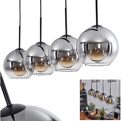 hofstein Candeeiro suspenso Koyoto, candeeiro suspenso de metal/vidro em preto/fumo/claro, candeeiro de 4 luzes em design vintage/retro com ecrãs de vidro (Ø 20 cm), altura máx. 152,5 cm, 4 x E27, sem hofstein Candeeiro suspenso Koyoto, candeeiro suspenso de metal/vidro em preto/fumo/claro, candeeiro de 4 luzes em design vintage/retro com ecrãs de vidro (Ø 20 cm), altura máx. 152,5 cm, 4 x E27, sem